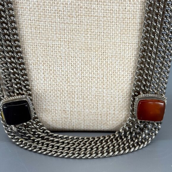 Vtg Multi Strand Pewter Chain Necklace Black Onyx Amber Color Stone Accents - Picture 10 of 16